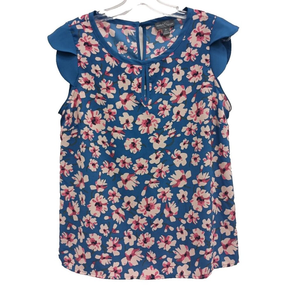 Market & Spruce Stitch Fix Top Womens Medium Blue Floral Tulip Sleeve Cottage